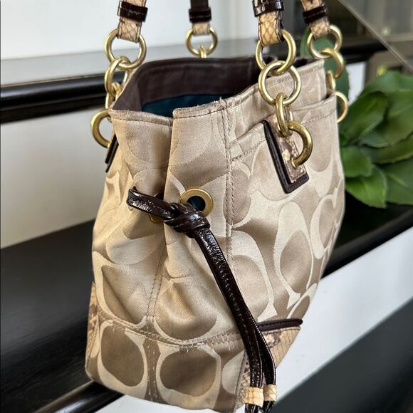 Coach Signature canvas Leather Shoulder Tote Purse Python Embossed Detail F19304 - Picture 4 of 9